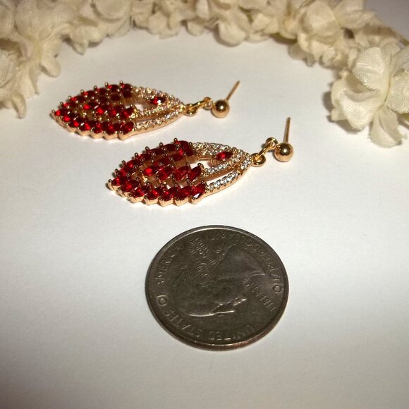 Faux Ruby and Diamond Earrings Gold Red White Sparkle Post Set Dangle Drop C897 - Picture 5 of 6
